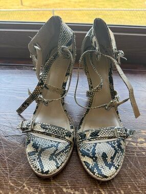 Snake-Print Ankle Strap Heeled Sandals